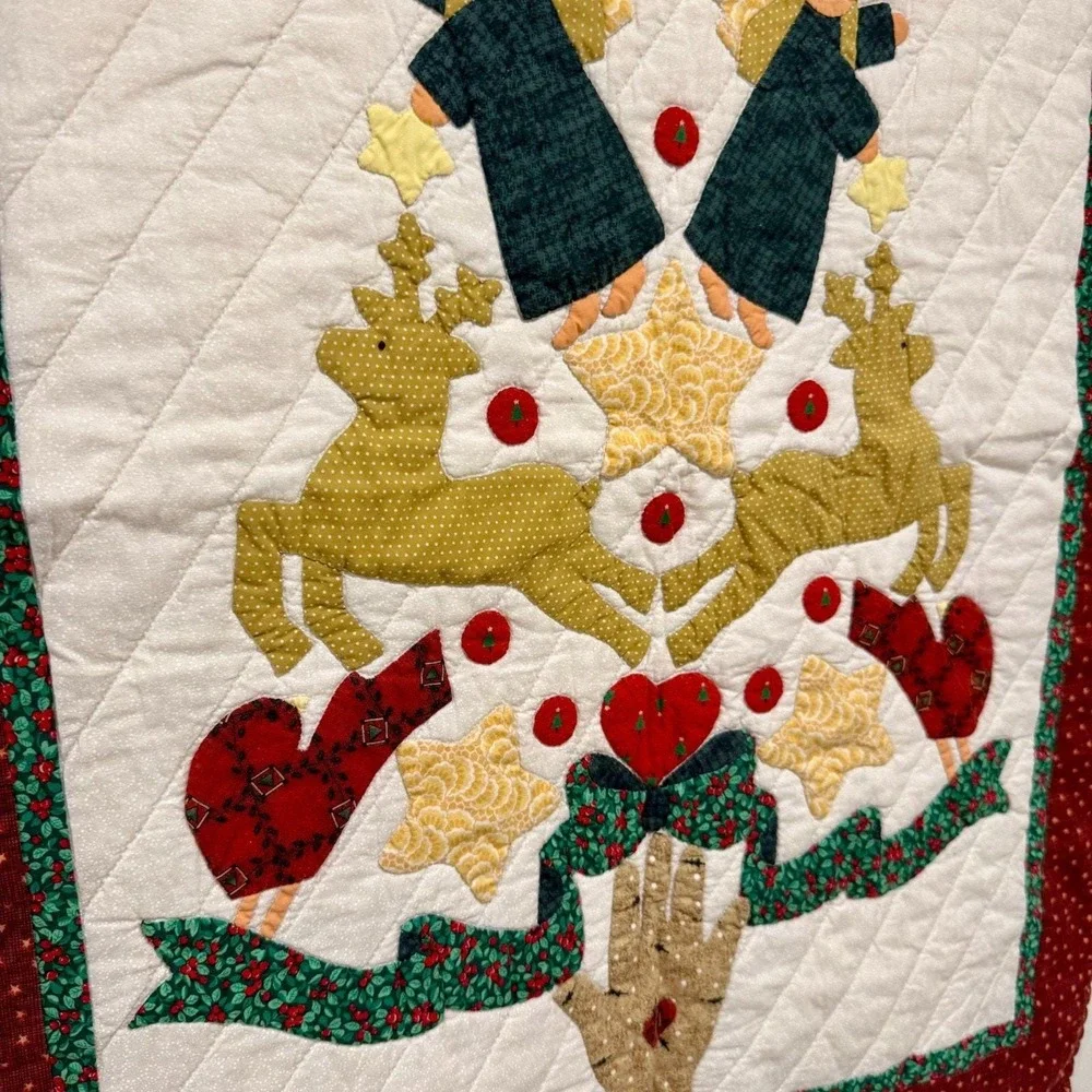 Vintage Christmas Applique Quilt Wall Hanging Angels Reindeer Folk Art 24x32